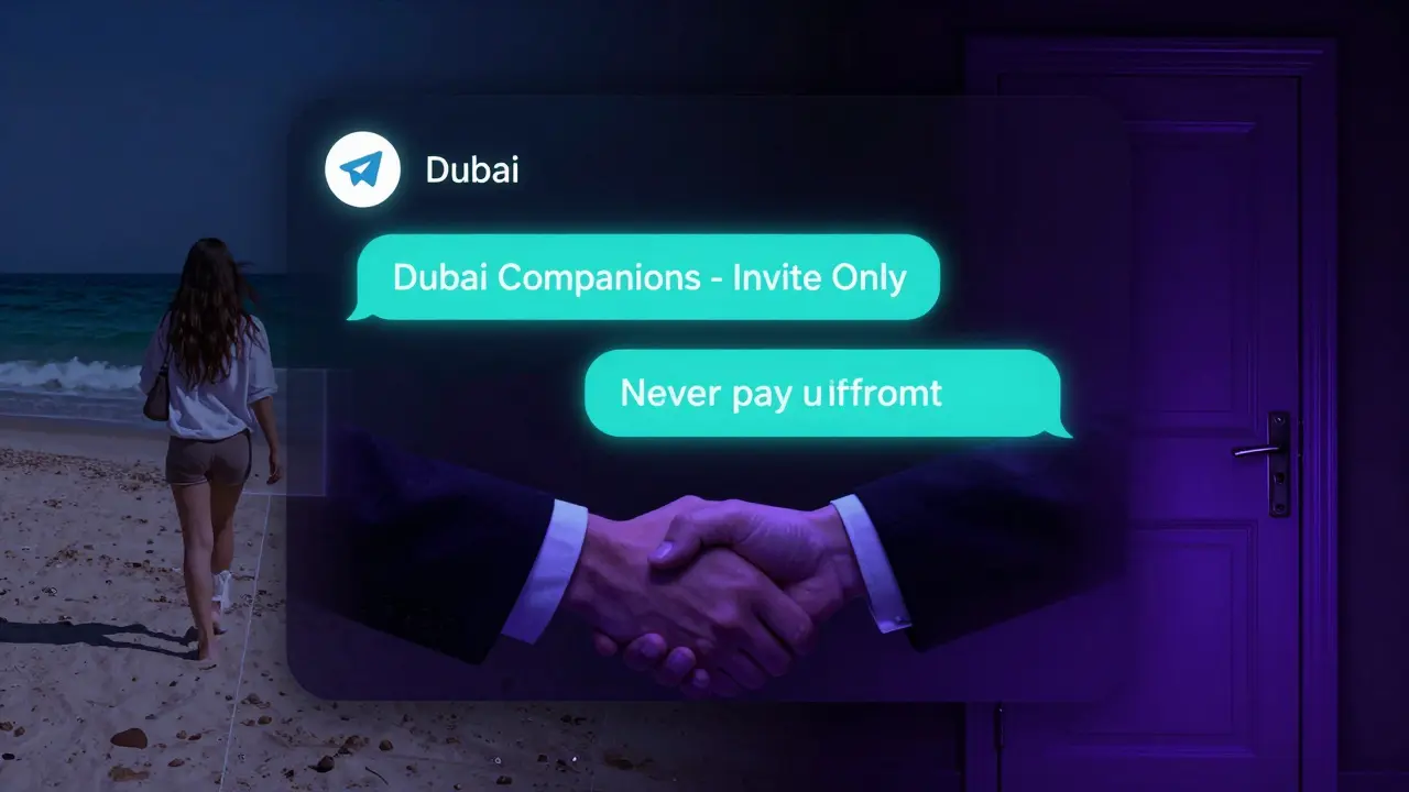 Digital Telegram chat interface with hidden messages about Dubai companionship.