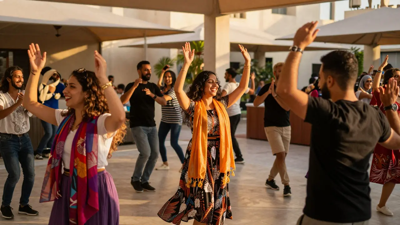 Diverse group of people laughing and dancing salsa in a bright community center.