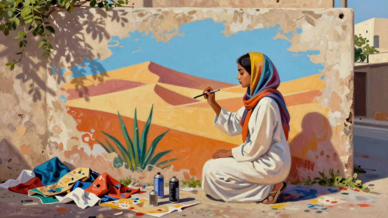 Emirati woman painting a colorful mural on a city wall, surrounded by fabric scraps and spray cans.