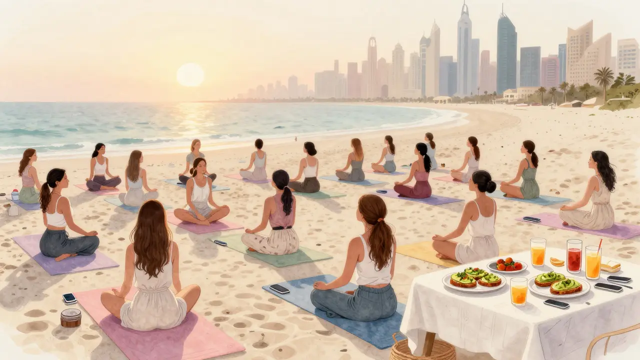 Group of women doing yoga on the beach at sunrise, phones set aside, enjoying brunch with avocado toast and fresh juices.