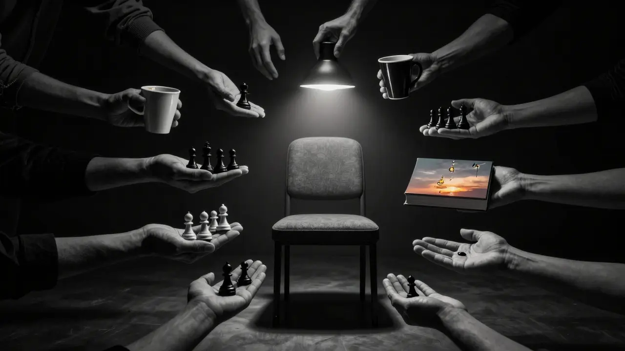 Hands reach from darkness offering connection — coffee, chess, a book — toward an empty chair.