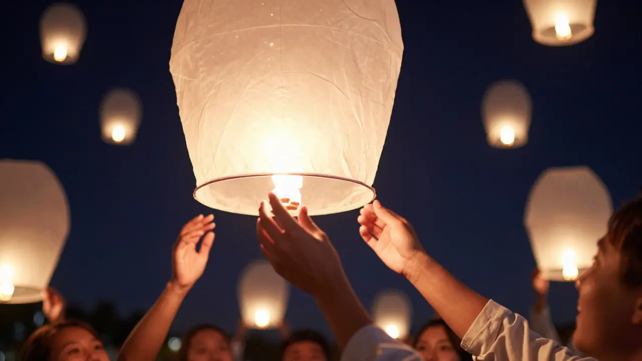 Hands releasing a glowing white lantern into the night sky, with others drifting softly into the stars.