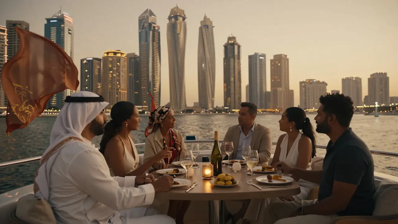 International clients and Euro companions enjoying a private yacht cruise at dusk with Dubai's skyline in the background.