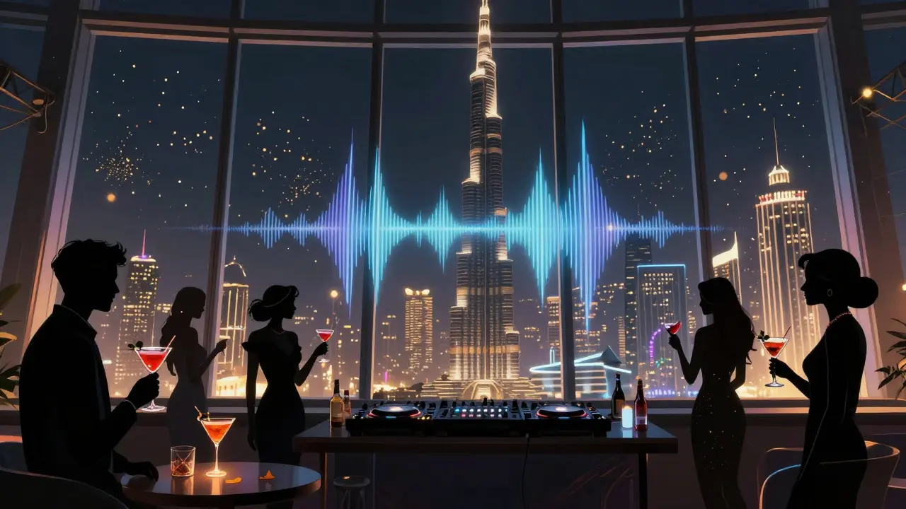 Level 43 rooftop club with Burj Khalifa skyline, guests sipping cocktails at night.