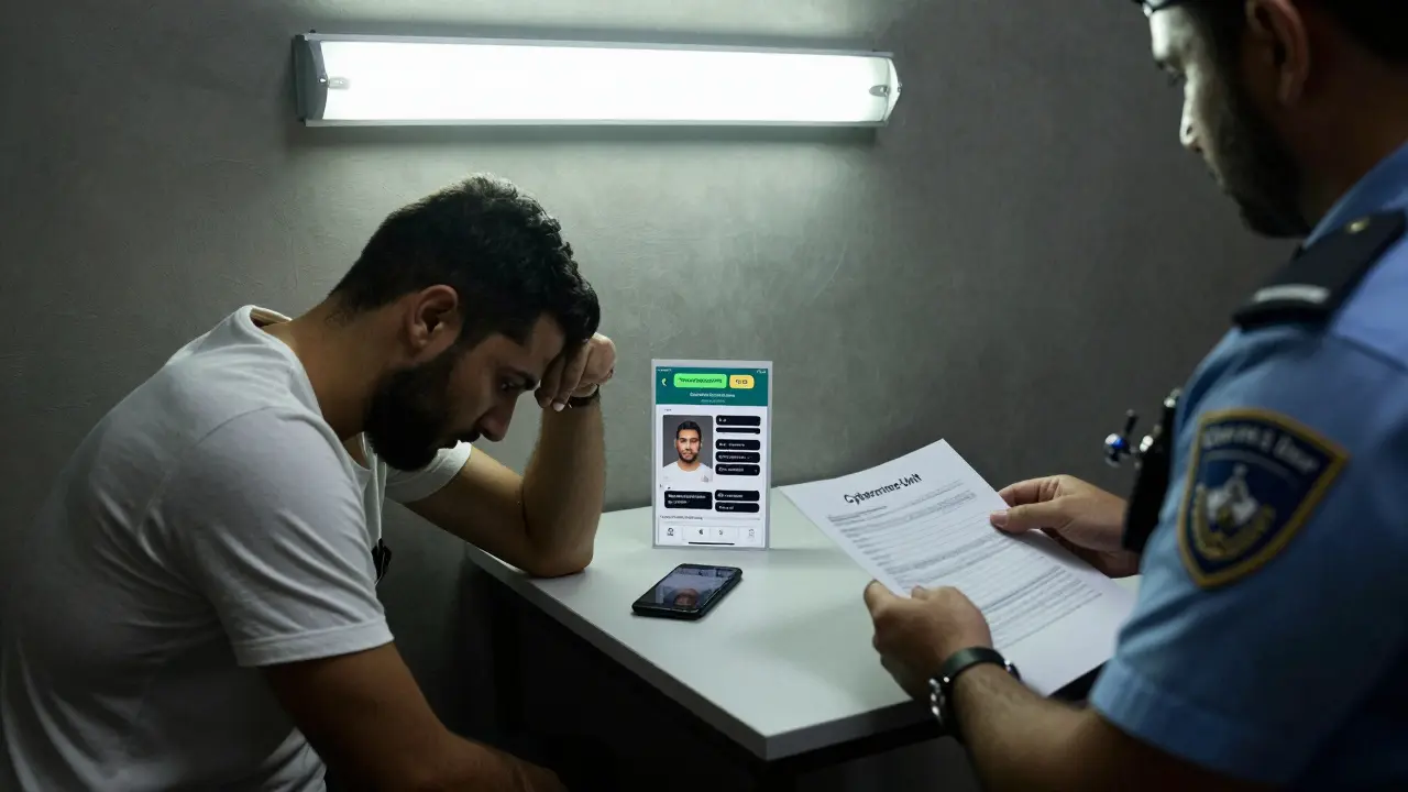 Man in Dubai police interrogation room with seized phone and escort screenshots.
