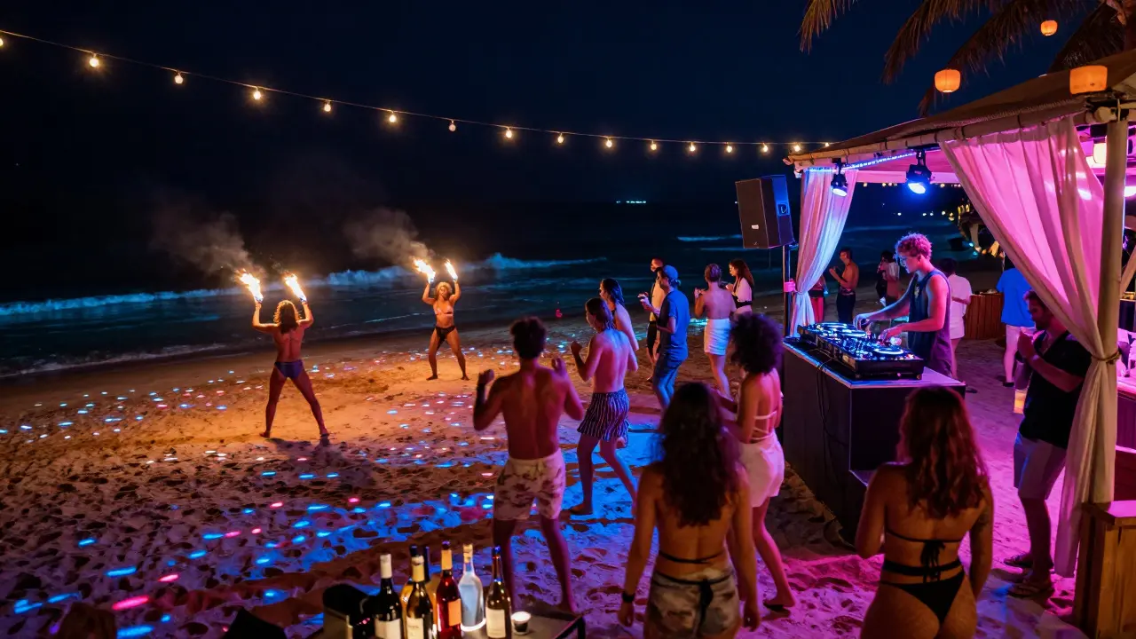 Nighttime beach party with dancers, fire performers, and glowing lights by the sea.