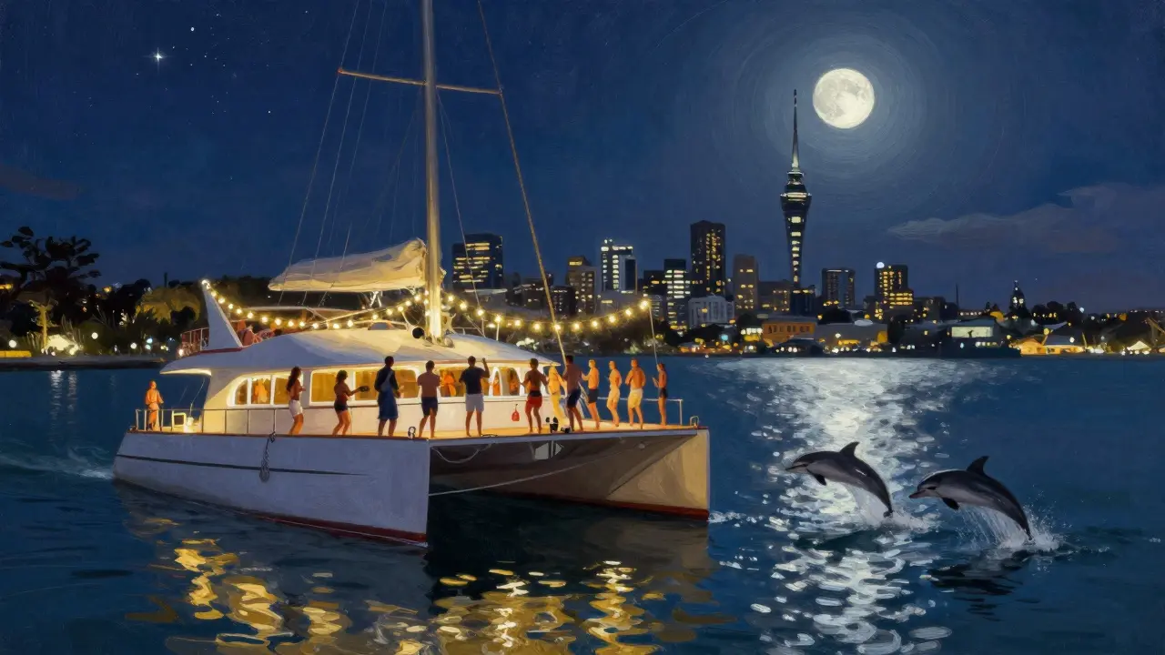 Nighttime catamaran party under stars with dolphins jumping beside boat and string lights glowing.