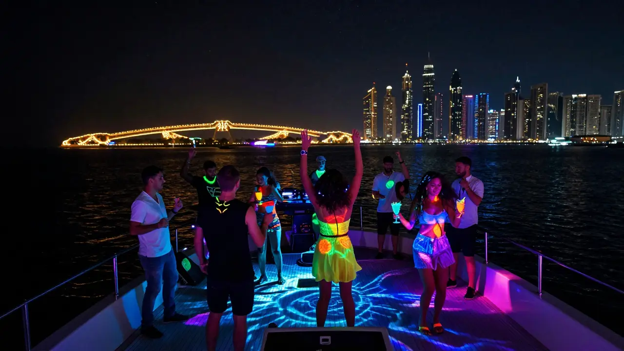 Nighttime yacht party with neon lights and underwater LEDs, guests dancing as the Dubai Marina sparkles behind them.