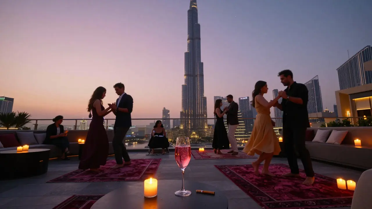 People dancing barefoot on a rooftop at sunrise with Burj Khalifa in the background