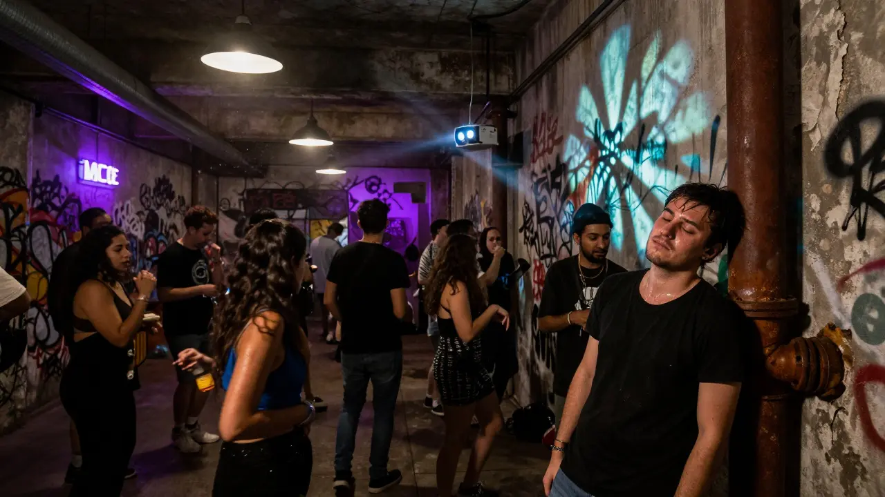 People dancing in a graffiti-covered warehouse under industrial lights, dawn light creeping through windows.