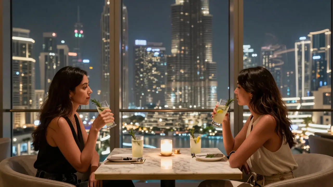 Quiet skyline view from At The Top Sky Lounge with women sipping lemonade, no crowds, serene night atmosphere.