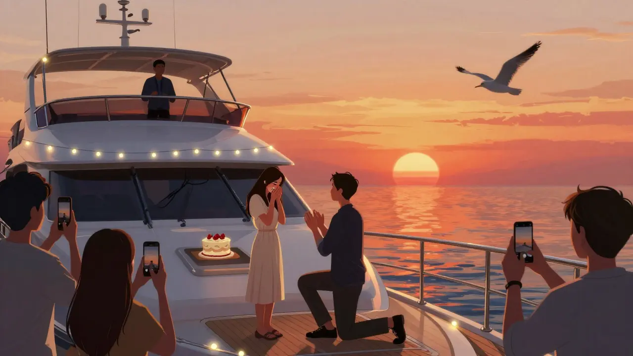 Romantic proposal on a yacht at sunset, couple surrounded by friends, fairy lights and golden sky reflecting on water.
