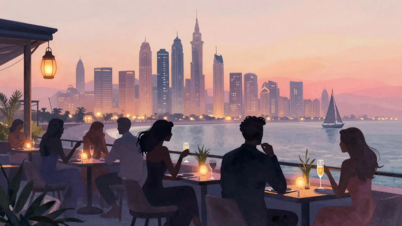 Rooftop party at sunrise with city skyline and guests in elegant clothes.