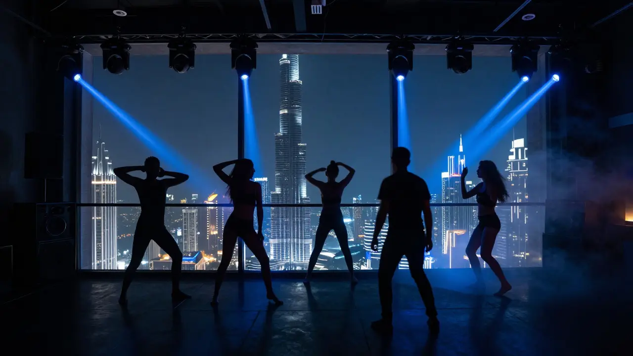 Silhouetted dancers at Atmosphere nightclub above Burj Khalifa, deep blue lighting and techno beats in the air.