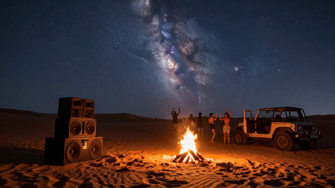 Silhouettes dancing around a bonfire in desert dunes under a starry sky, sound system buried in sand.
