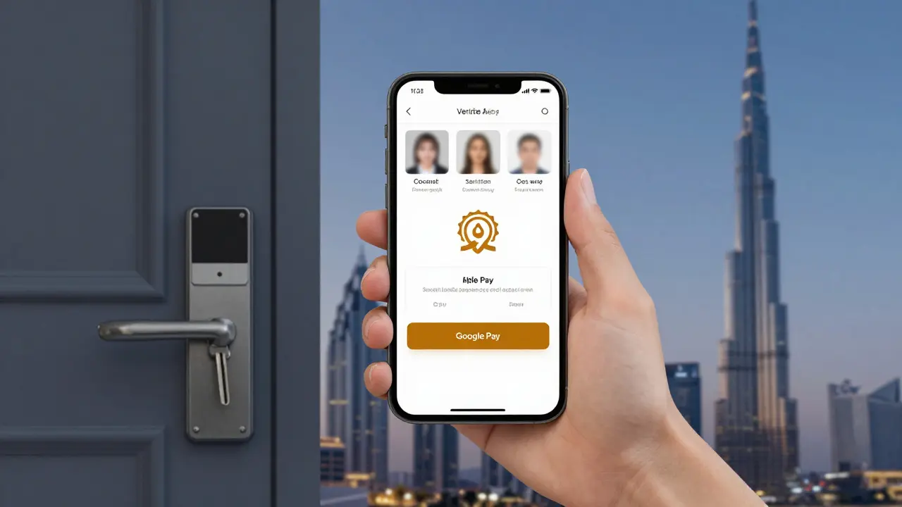 Smartphone showing a verified escort agency website with secure payment options and Dubai skyline in background.
