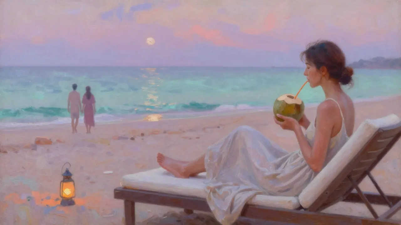 Solitary woman relaxing on a beach lounger at twilight with soft lighting and calm waves.