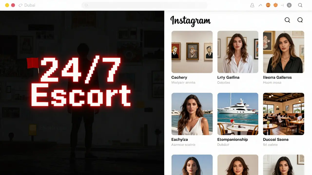 Split image contrasting shady escort ads with authentic Instagram profiles of women in Dubai social settings.