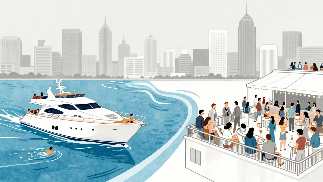Split view comparing yacht party with 360° water views to limited rooftop party with noise barriers.
