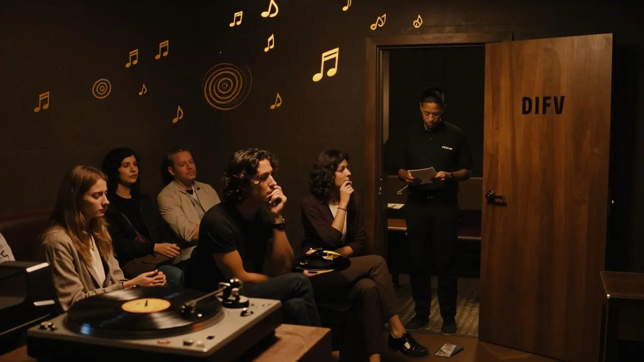 The Waiting Room hidden jazz lounge with vinyl records and intimate dim lighting.