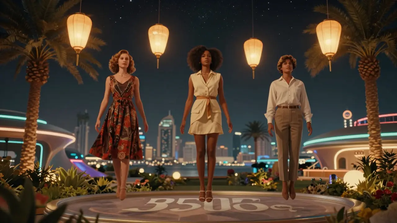 Three people float peacefully in a glowing garden at night, lanterns and palm trees surrounding them in a dreamy skyline.