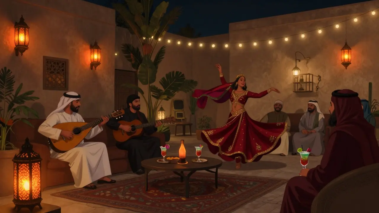 Traditional Arabic lounge at night with lanterns, live musicians, and guests enjoying cocktails and belly dancing.