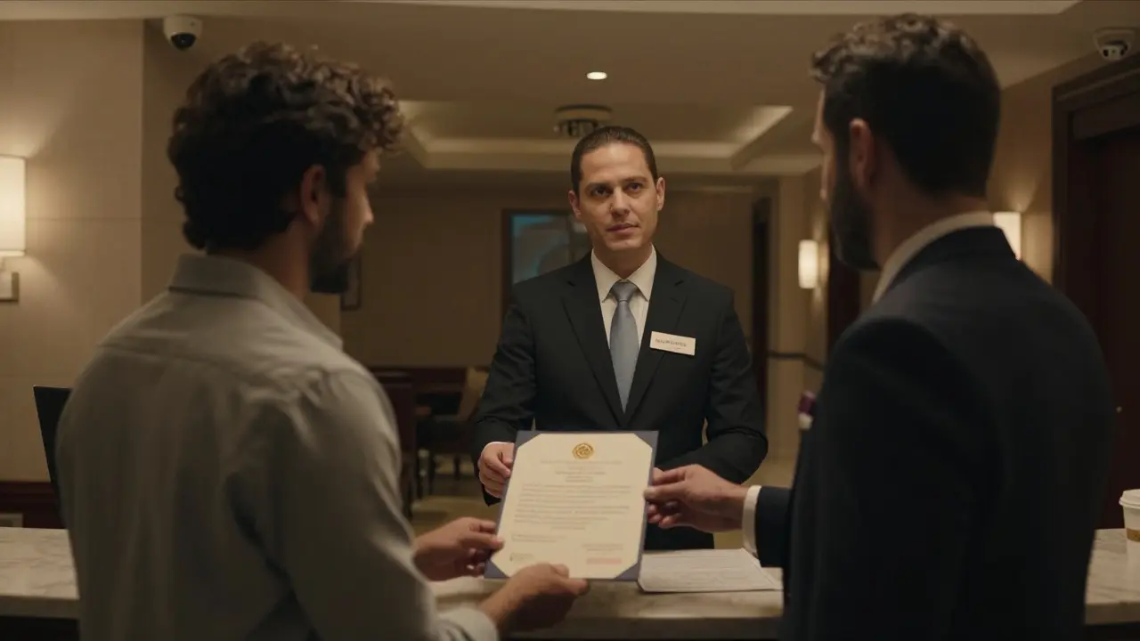 Two foreigners hand a marriage certificate to a hotel staff member in a luxurious Dubai lobby, tension in the air.