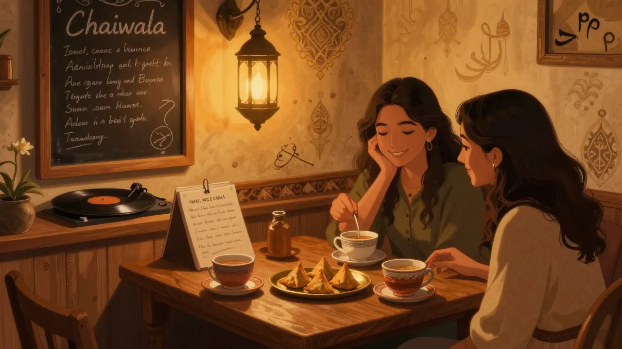 Two friends enjoying saffron chai and samosas at Chaiwala, warm lantern light, quiet Alserkal evening.