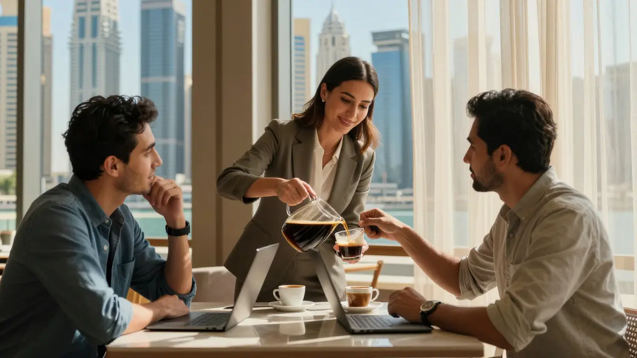 Two people chatting over coffee at a Dubai Marina café, focused on conversation, not intimacy.