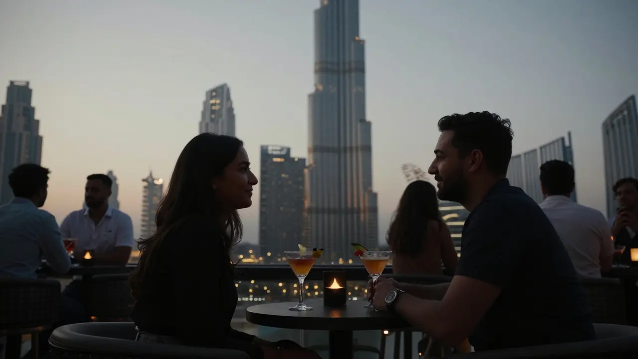 Two people chatting softly at a rooftop bar in Dubai, overlooking the city lights.