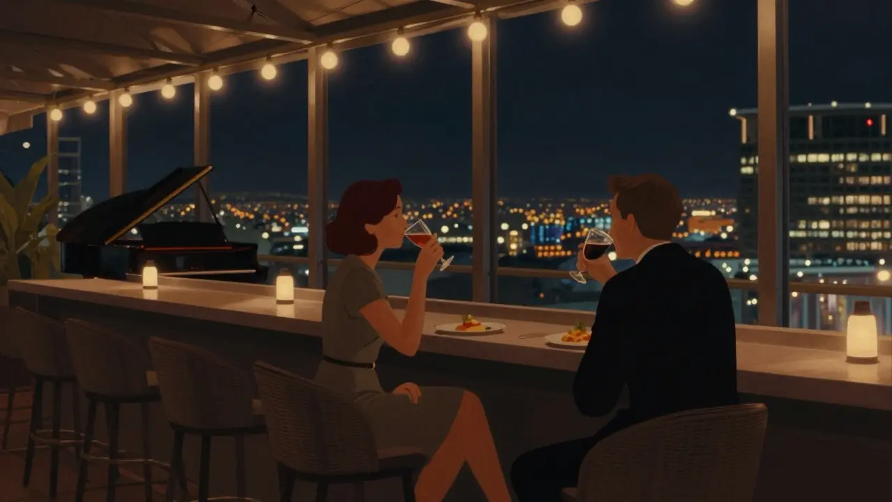 Two people share a quiet moment at a rooftop bar in Dubai, city lights twinkling around them.