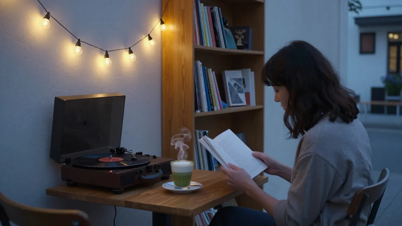 Woman reading a book at dusk in Alserkal Avenue, lit by fairy lights with a matcha latte and records nearby.