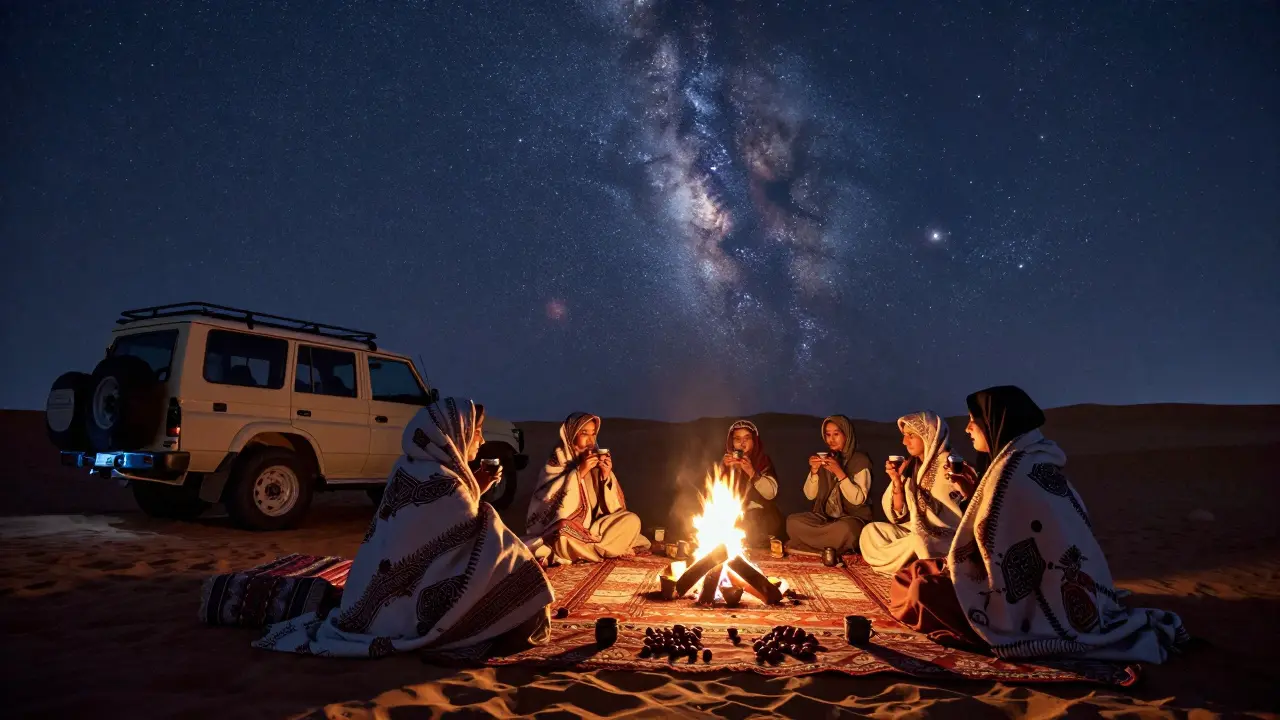 Women gathered around a campfire in the desert under a star-filled sky, drinking coffee and sharing stories under the Milky Way.