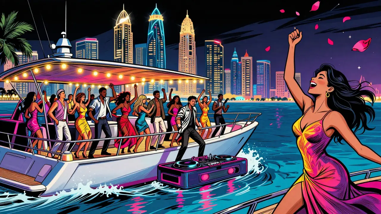 Yacht party at night with dancers, city lights, and neon reflections on water.