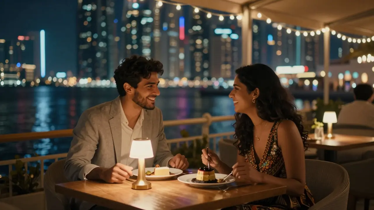 A couple enjoying dinner at a cozy Dubai Marina café, subtle companionship under soft evening lights.