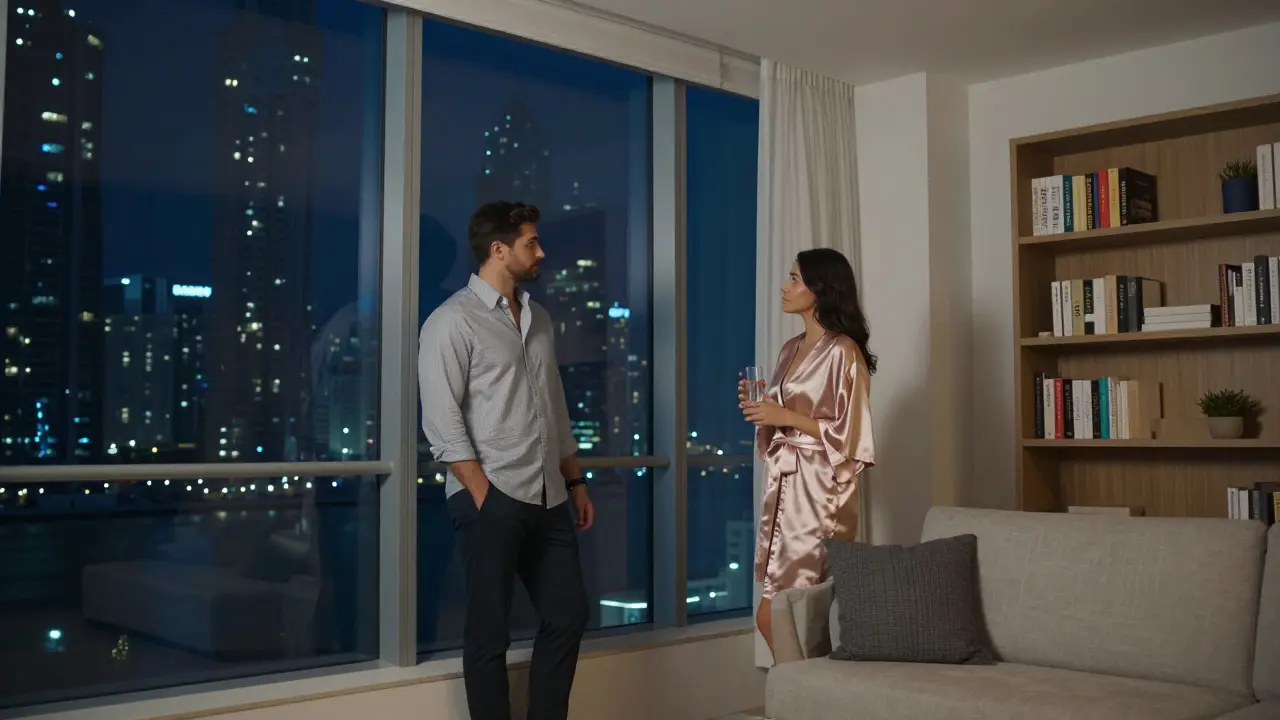 A discreet companionship moment in a modern Dubai apartment with city lights visible through the window.
