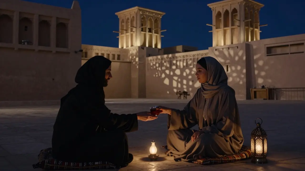 A hidden courtyard in Al Fahidi at night, tea being shared in silence under lantern glow.