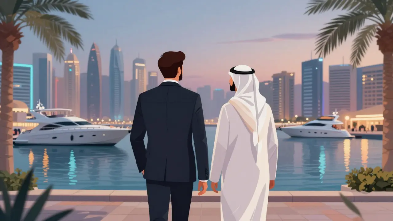 A male companion and client walking along Dubai Marina at dusk, enjoying the illuminated yachts and modern skyline.