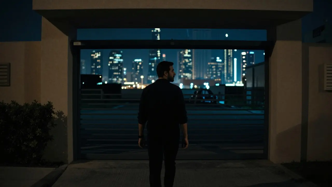 A man leaving a discreet residential building in Dubai at night, skyline glowing in the distance.