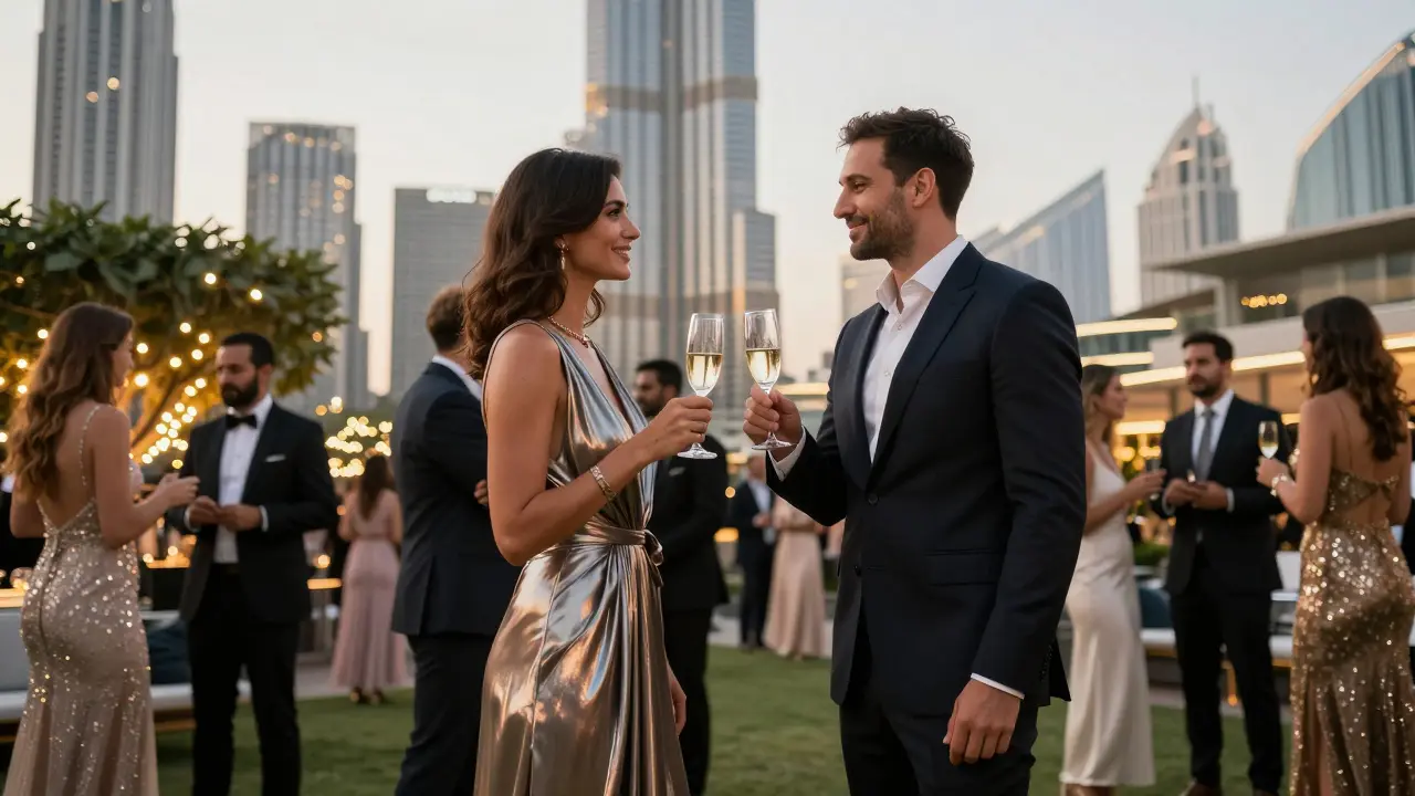A polished couple at an upscale rooftop event in Dubai, blending into the elegant crowd.