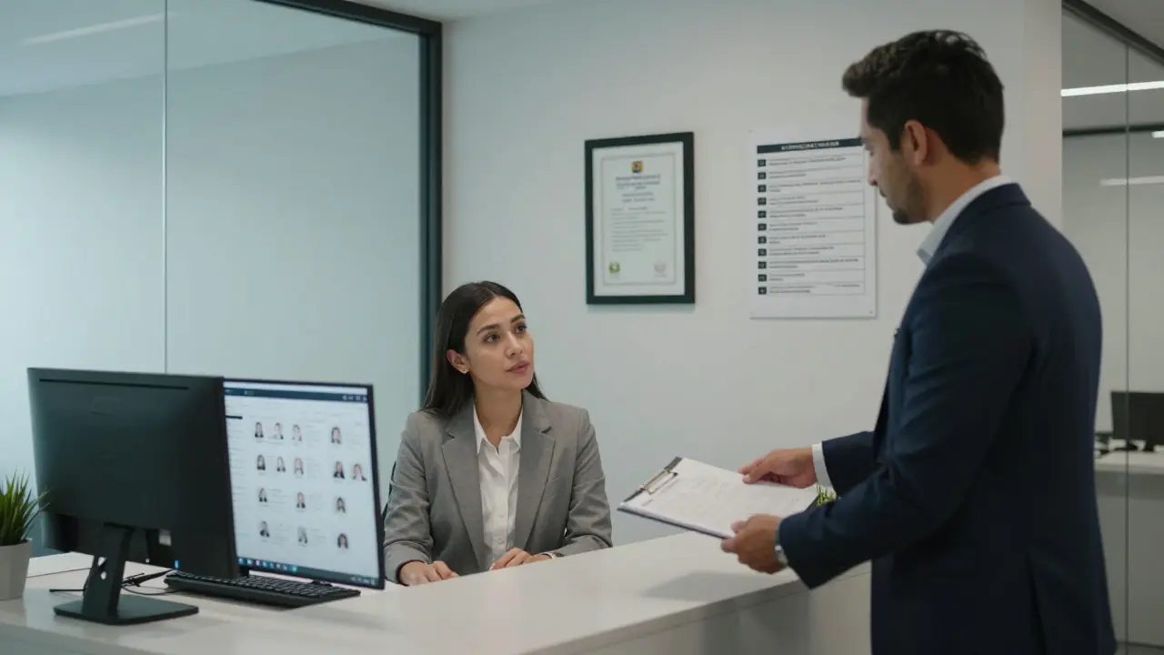 A professional escort agency office in Dubai with staff reviewing client profiles securely.