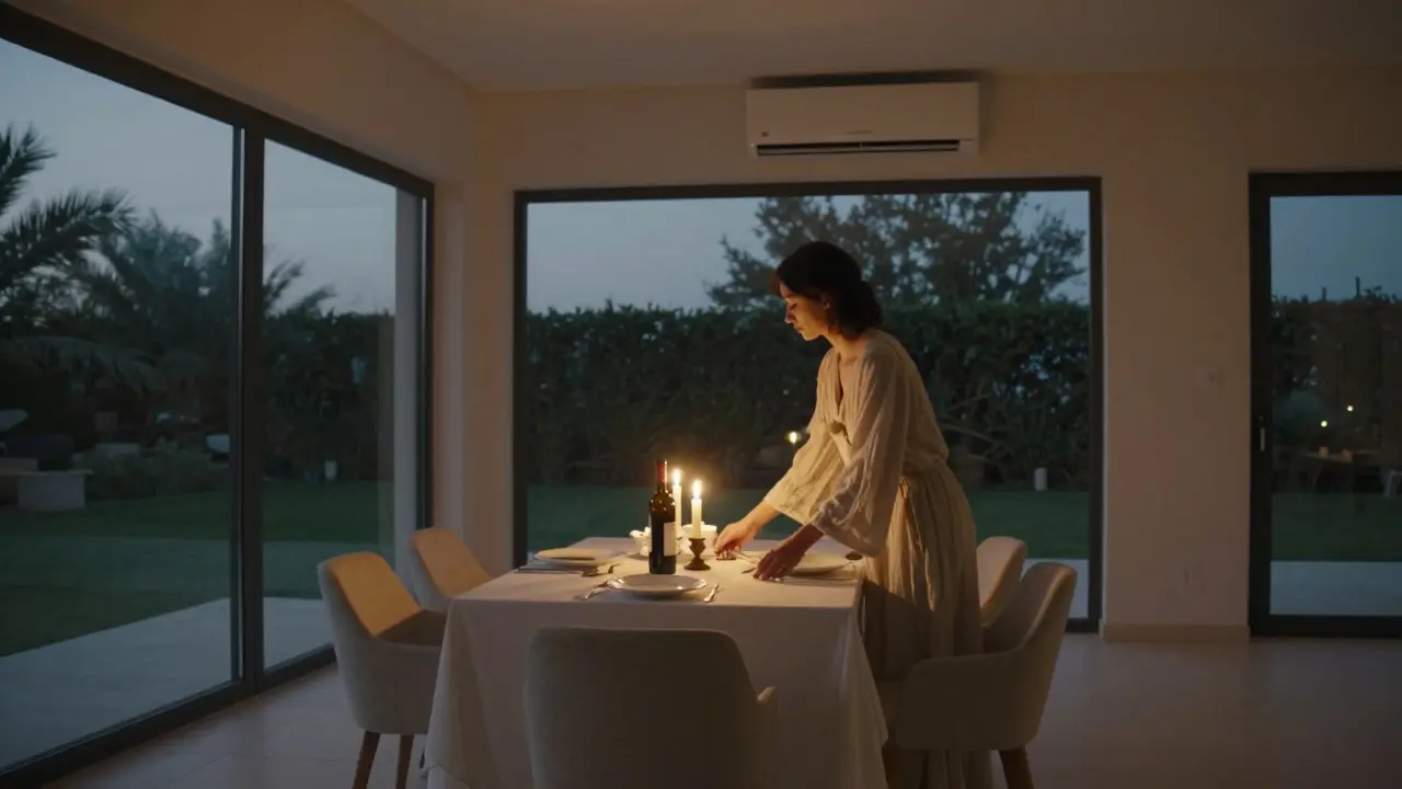 A serene villa dinner setting with candlelight, wine, and no technology—pure quiet companionship.
