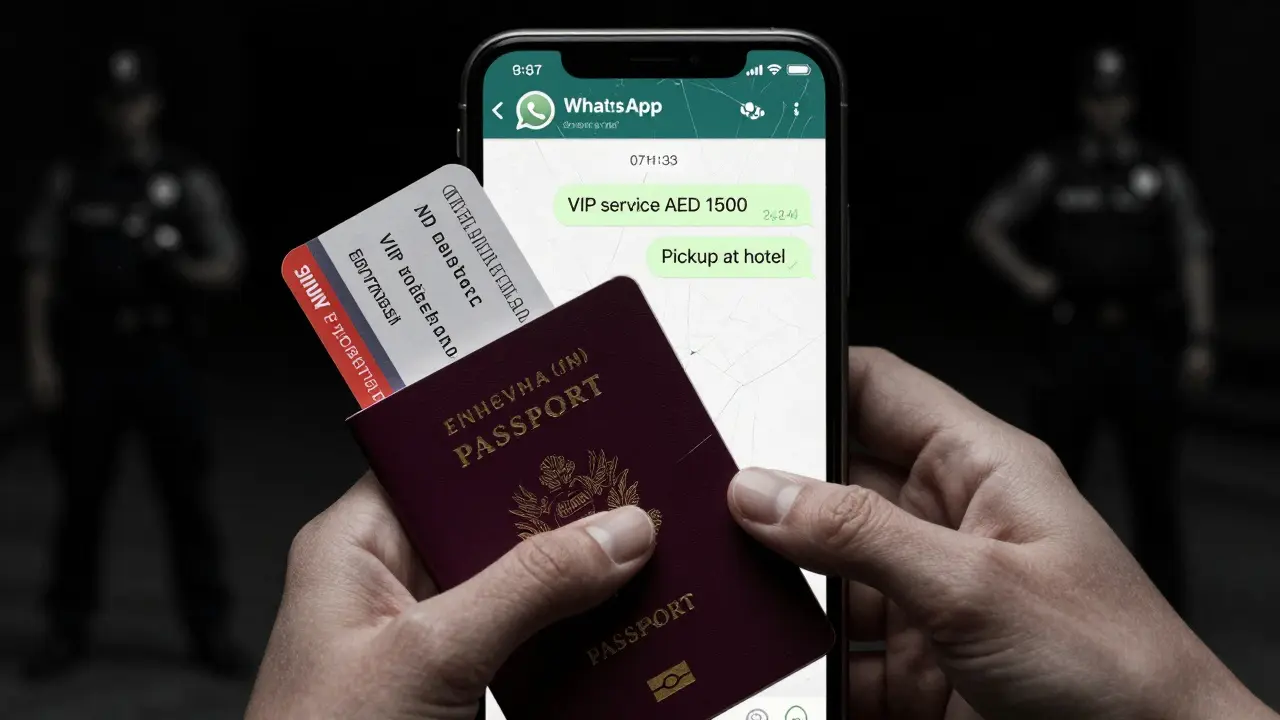 A smartphone displays a suspicious messaging app while a woman holds her passport, police sirens faintly visible in the background.