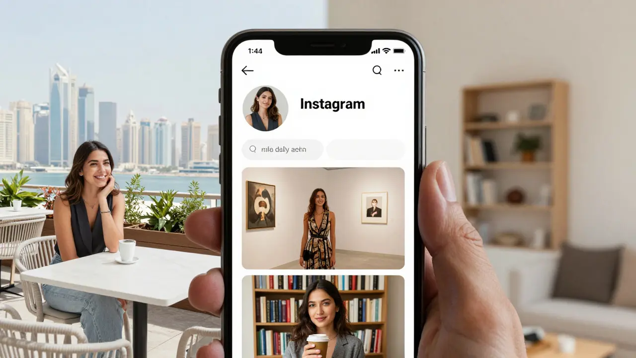 A smartphone showing a tasteful Instagram profile of a woman in Dubai with subtle background settings.