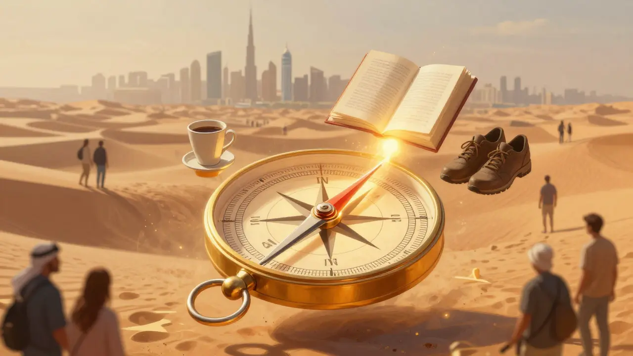 A symbolic compass above Dubai’s skyline pointing to a book, coffee cup, and shoes—representing connection and exploration.