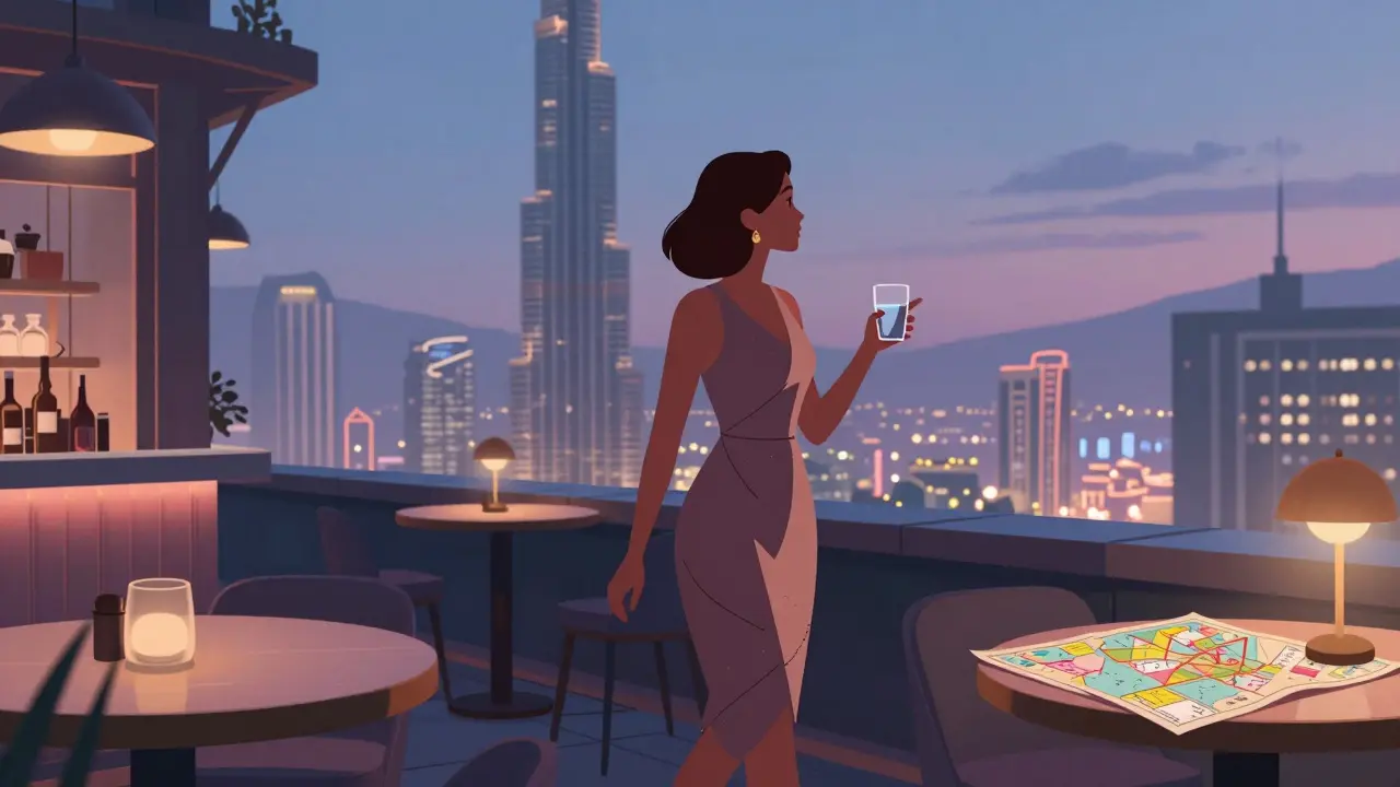 A woman at a hidden rooftop bar in Jumeirah, pointing to Dubai’s skyline, books and maps nearby, calm and thoughtful mood.