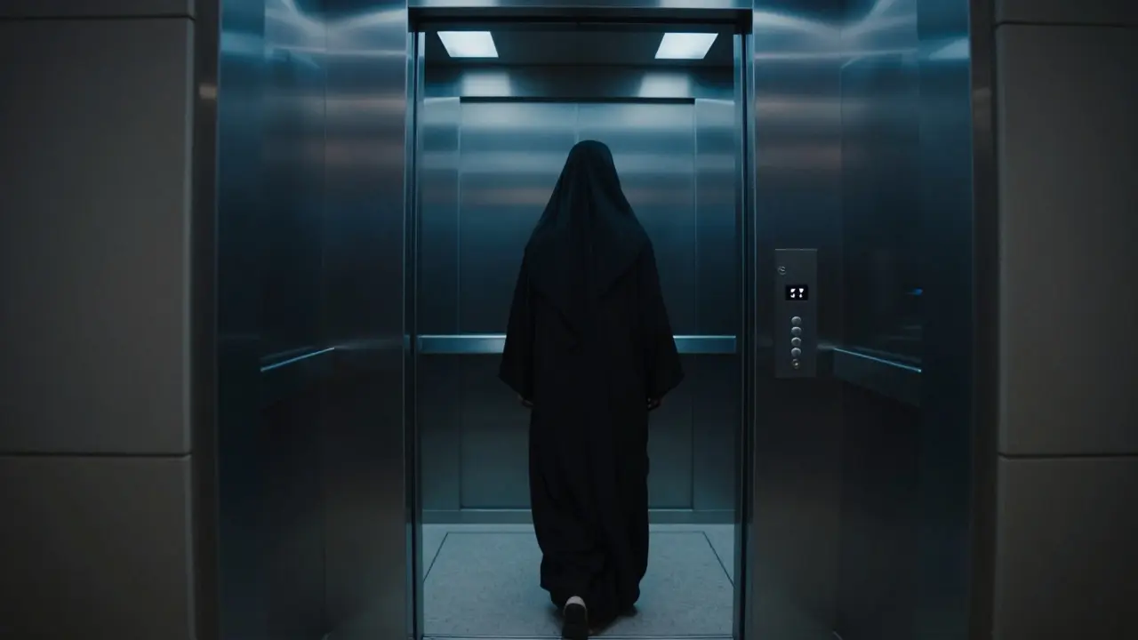 A woman enters a private elevator in a Dubai high-rise, alone at night.