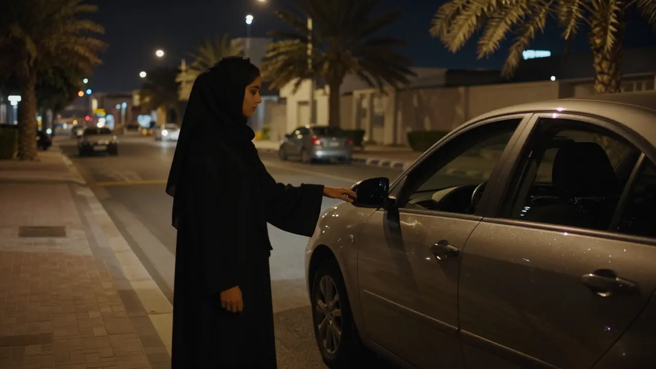A woman in an abaya is picked up at night by a tinted sedan in Jumeirah.
