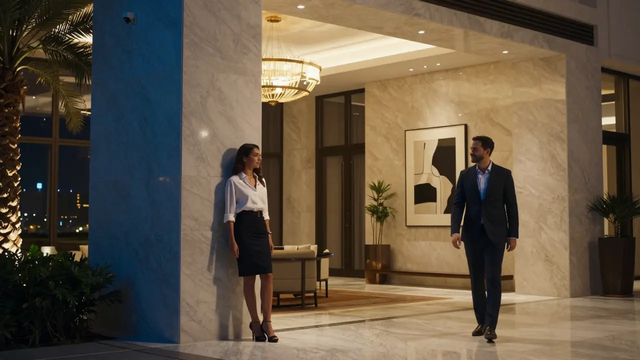 A woman waiting calmly in a luxurious hotel lobby as a man approaches, both dressed elegantly for an evening meeting.