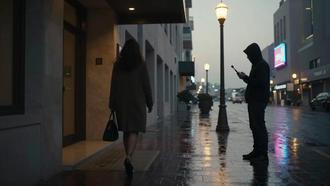 A woman walking away from a luxury hotel in Dubai at dawn, a man holding a burner phone in shadows.